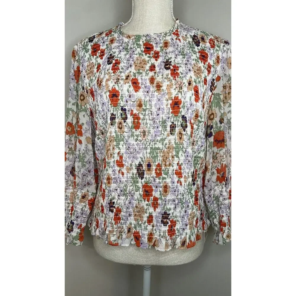 Veronica Beard Kali Top Multicolor Floral Print Smocked Spring Designer Size 10 - Picture 5 of 12